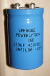 Sprague Powerlytic 36D Capacitor 220UF 450VDC 9551L86 +85C Vintage (1) Nos New. Fixed Price $75.00.