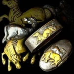 Iron Japan Antique Horse High Carved Fuchi Kashira Nippon Sword Fittings Box. Fixed Price $433.78.