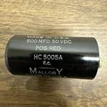MALLORY,HC-5005A,CAPACITOR 500MFD 50VDC. Fixed Price $8.00.