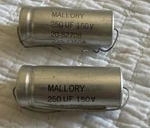 Two - 250UF 150V Mallory Axial Electrolytic Capacitor Amp Audio Nos. Fixed Price $12.49.
