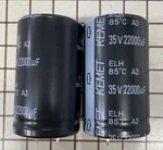 Kemet ELH229M035AS6AA Electrolytic Capacitor, Snap-in, 22000 F, 20%, V, LOT/2. Fixed Price $14.00.