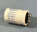 Quantity Of 2 - Sangamo 510UF 75 Volt Can Type Electrolytic Capacitor New. Fixed Price $13.99.