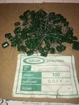 100 Xicon .068MFD Polyester Film Capacitors (dark Green) 2A683F (nos). Fixed Price $12.95.